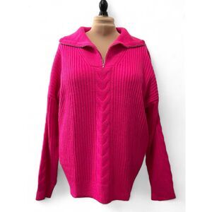 PINK LILY Magenta Pink Quarter Zip Cable Knit Long Sleeve Pullover Sweater, XXXL
